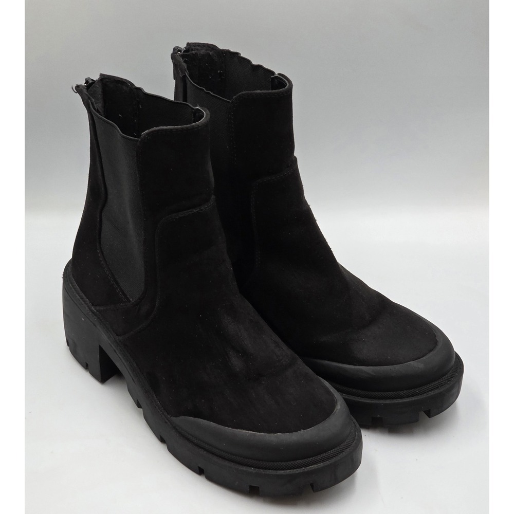 ESPRIT Women Black Faux Suede Chelsea Lug Sole Zip Ankle Boots Size 8M Elora